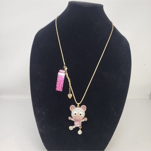 One Legged Pink Crystals Bear Rhinestones Pendant Necklace 2.5 inche Pendant NWT - Picture 1 of 6
